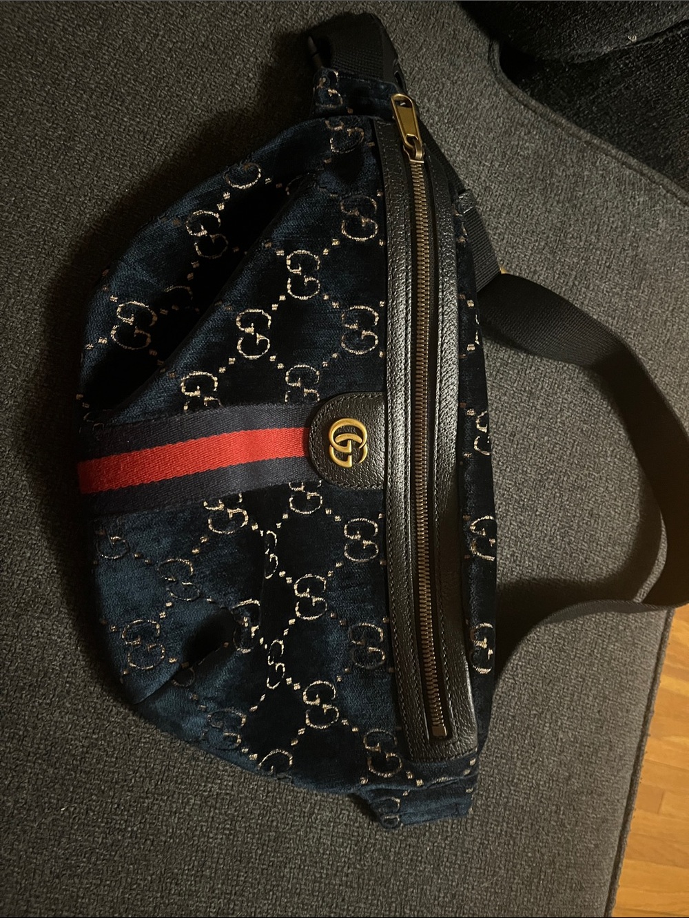 Gucci Teal Monogram Velvet Waist Bag with Red Web Stripe